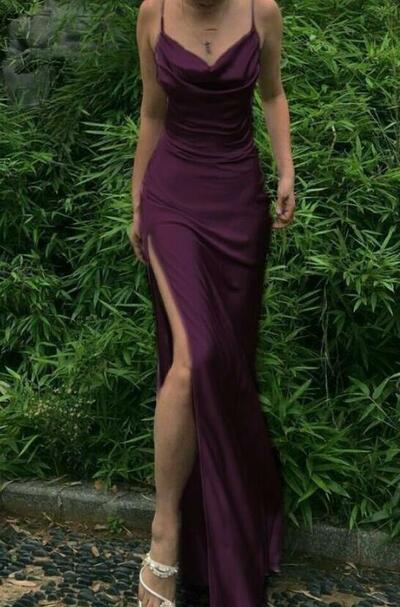 Simple A Line Purple Silk Satin Prom Dress With Split