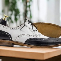 Handmade White & Black Wing Tip Brogue Leather Dress Shoes - Thumbnail 2