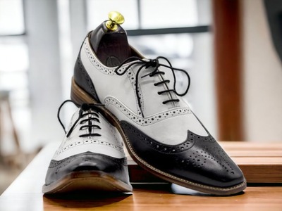 Handmade White & Black Wing Tip Brogue Leather Dress Shoes