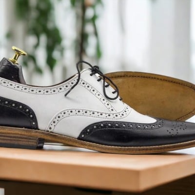Handmade white & black wing tip brogue leather dress shoes - Thumbnail 1
