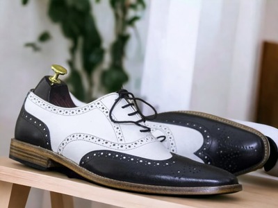 Handmade White & Black Wing Tip Brogue Leather Dress Shoes