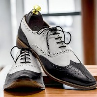 Handmade White & Black Wing Tip Brogue Leather Dress Shoes - Thumbnail 2