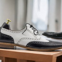 Handmade White & Black Brogue Wing Tip Leather, Dress Shoes  - Thumbnail 1