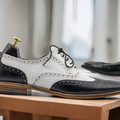 Handmade white & black brogue wing tip leather, dress shoes 