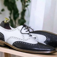 Handmade White & Black Brogue Wing Tip Leather, Dress Shoes  - Thumbnail 2