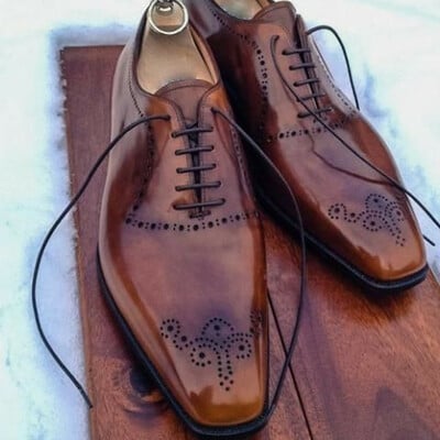 Handmade leather brown patina whole cut oxfords men dress formal wear lace up leather shoes 