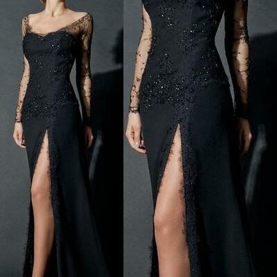 Mermaid long sleeves black lace split prom dresses