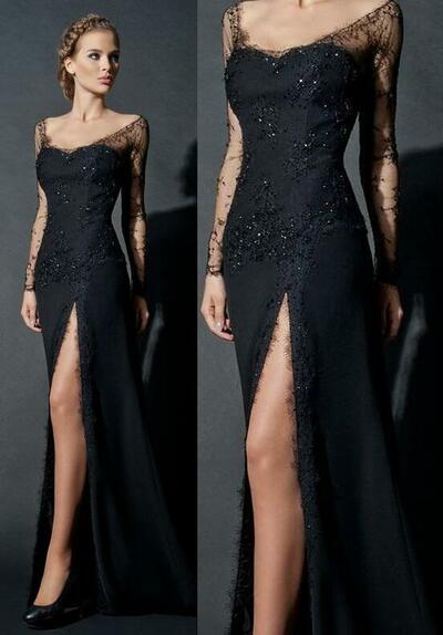 Mermaid Long Sleeves Black Lace Split Prom Dresses