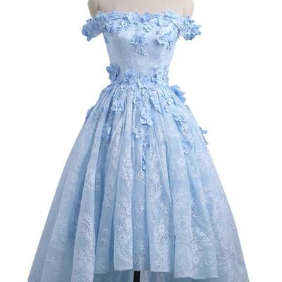 Off shoulder blue lace high low homecoming dress
