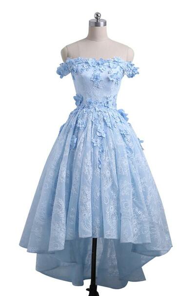 Off shoulder blue lace high low homecoming dress