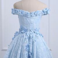 Off shoulder blue lace high low homecoming dress - Thumbnail 1