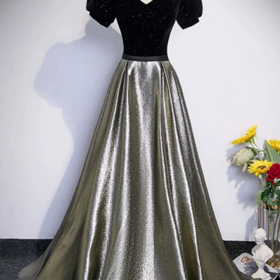 Black velvet and shiny satin long prom dress, beautiful a line evening party dress kpp1576