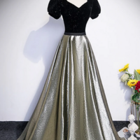 Black Velvet and Shiny Satin Long Prom Dress, Beautiful A Line Evening Party Dress KPP1576 - Thumbnail 2