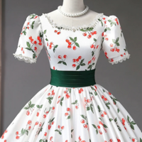 Cute Cherry Pattern Long Princess Prom Dress, White A Line Evening Party Dress KPP1577 - Thumbnail 2