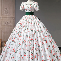 Cute Cherry Pattern Long Princess Prom Dress, White A Line Evening Party Dress KPP1577 - Thumbnail 1