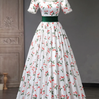 Cute Cherry Pattern Long Princess Prom Dress, White A Line Evening Party Dress KPP1577 - Thumbnail 5