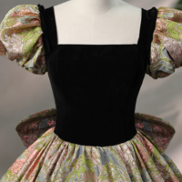 Elegant Black Puffy Short Sleeve Floor Length Prom Dress, A Line Floral Pattern Evening Dress KPP1578 - Thumbnail 1