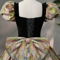 Elegant Black Puffy Short Sleeve Floor Length Prom Dress, A Line Floral Pattern Evening Dress KPP1578 - Thumbnail 2