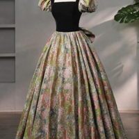 Elegant Black Puffy Short Sleeve Floor Length Prom Dress, A Line Floral Pattern Evening Dress KPP1578 - Thumbnail 4