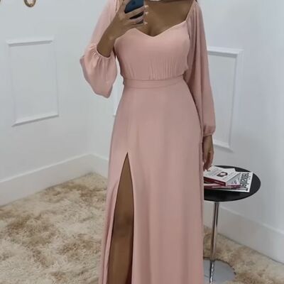 Simple a line light pink long sleeve side slit prom dress evening gowns - Thumbnail 3