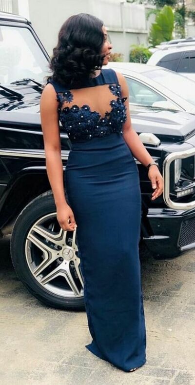 Navy Blue Mermaid Lace Boidce African Prom Dress Evening Gowns