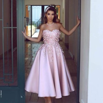 Pink handmade flowers tea-length prom dress evening gowns - Thumbnail 3