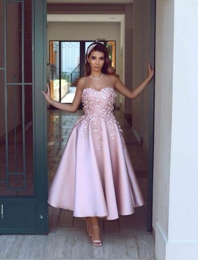 Pink Handmade Flowers Tea-length Prom Dress Evening Gowns