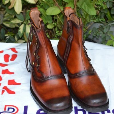 Handmade men brown zipper ankle high dress boot - Thumbnail 2