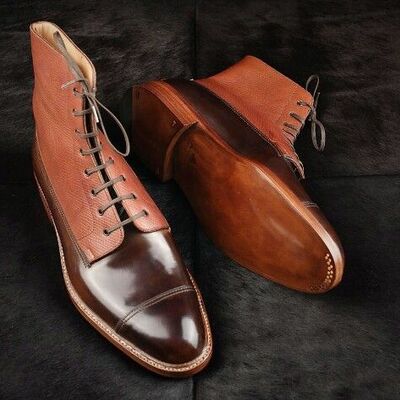 Dark brown leather ankle high lace up shell cordovan boot - Thumbnail 2