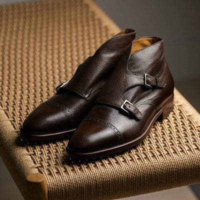 Dark brown grain leather double monk ankle high boot - Thumbnail 2