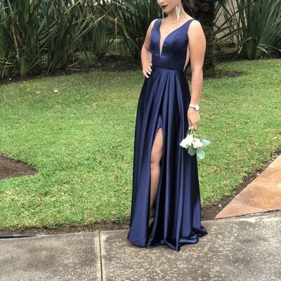 Navy blue a line prom dress evening gowns - Thumbnail 4