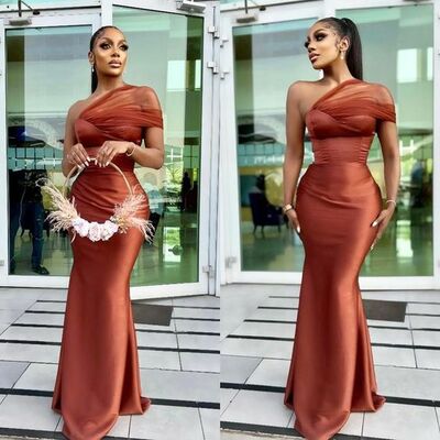 Orange Mermaid One Shoulder African Prom Dress Evening Gowns