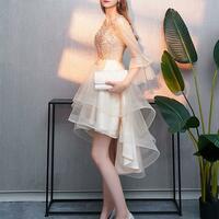 Champagne Round Neck Tulle Lace Short Prom Dress,evening Dress - Thumbnail 1