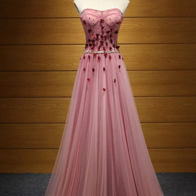 Princess long pink, prom dress, strapless with beading flowers