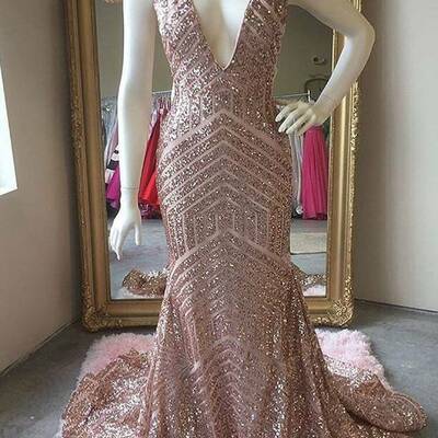 Deep v-neck mermaid rose gold sequins long prom dress