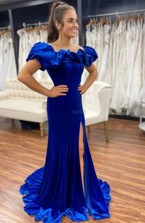 Long Winter Velvet Royal Blue Formal Dress Ruffle Off Shoulder With Slit