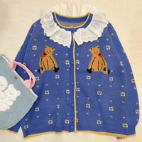 New cute vintage jacquard love Bear lace ruffled sweater - Thumbnail 1