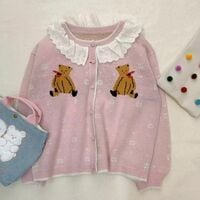 New cute vintage jacquard love Bear lace ruffled sweater - Thumbnail 2