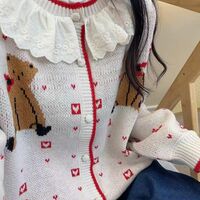 New cute vintage jacquard love Bear lace ruffled sweater - Thumbnail 3
