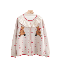 New cute vintage jacquard love Bear lace ruffled sweater - Thumbnail 8