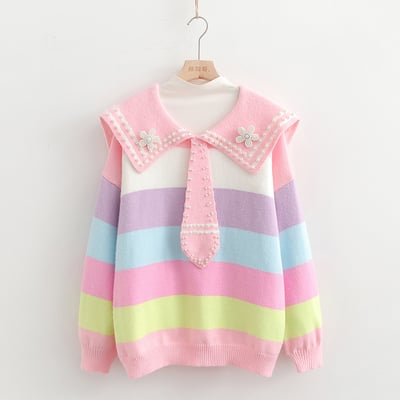 New rainbow striped navy collar long-sleeved sweater - Thumbnail 1