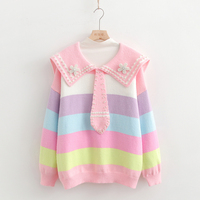 New rainbow striped navy collar long-sleeved sweater - Thumbnail 1