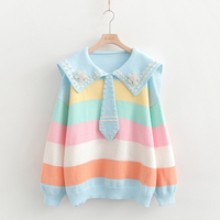 New rainbow striped navy collar long-sleeved sweater - Thumbnail 2