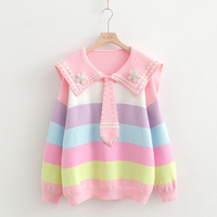 New rainbow striped navy collar long-sleeved sweater - Thumbnail 3