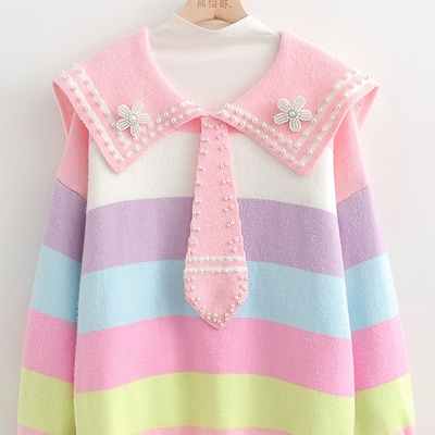 New rainbow striped navy collar long-sleeved sweater