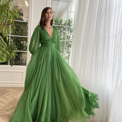 Green v-neck chiffon long a-line prom dress - Thumbnail 1