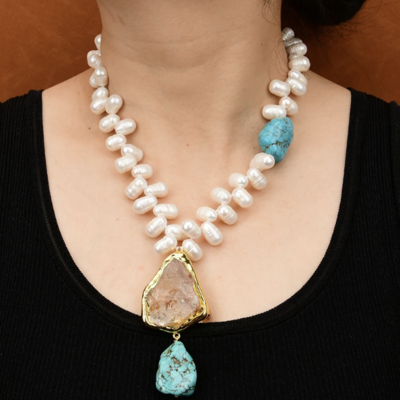 Freshwater cultured white pearl blue turquoise necklace 