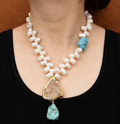 Freshwater Cultured White Pearl Blue Turquoise Necklace 