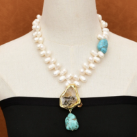 Freshwater Cultured White Pearl Blue Turquoise Necklace  - Thumbnail 2