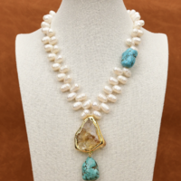 Freshwater Cultured White Pearl Blue Turquoise Necklace  - Thumbnail 3